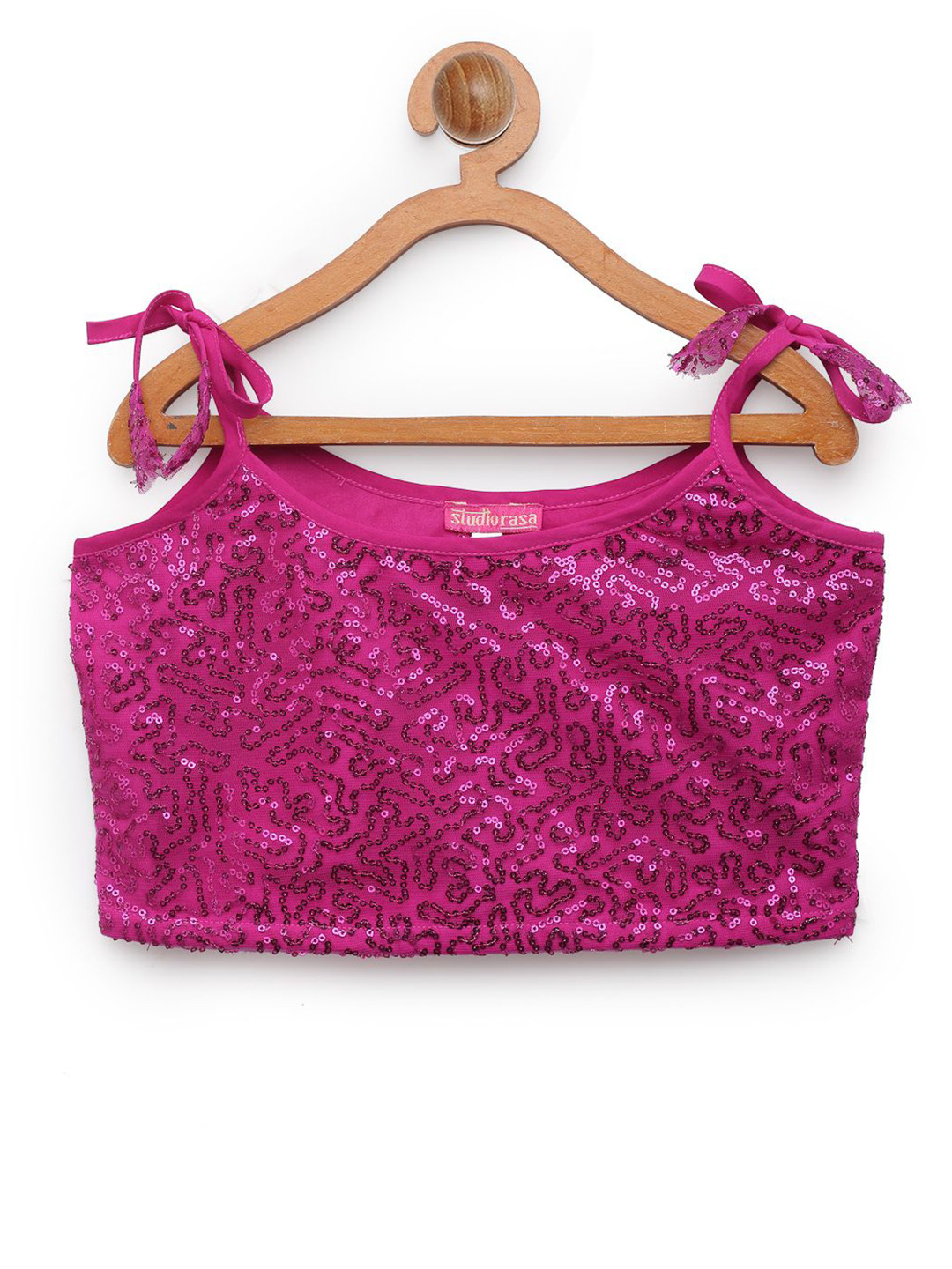 

studio rasa Embellished Embroidered Shoulder Straps Net Crop Top, Pink