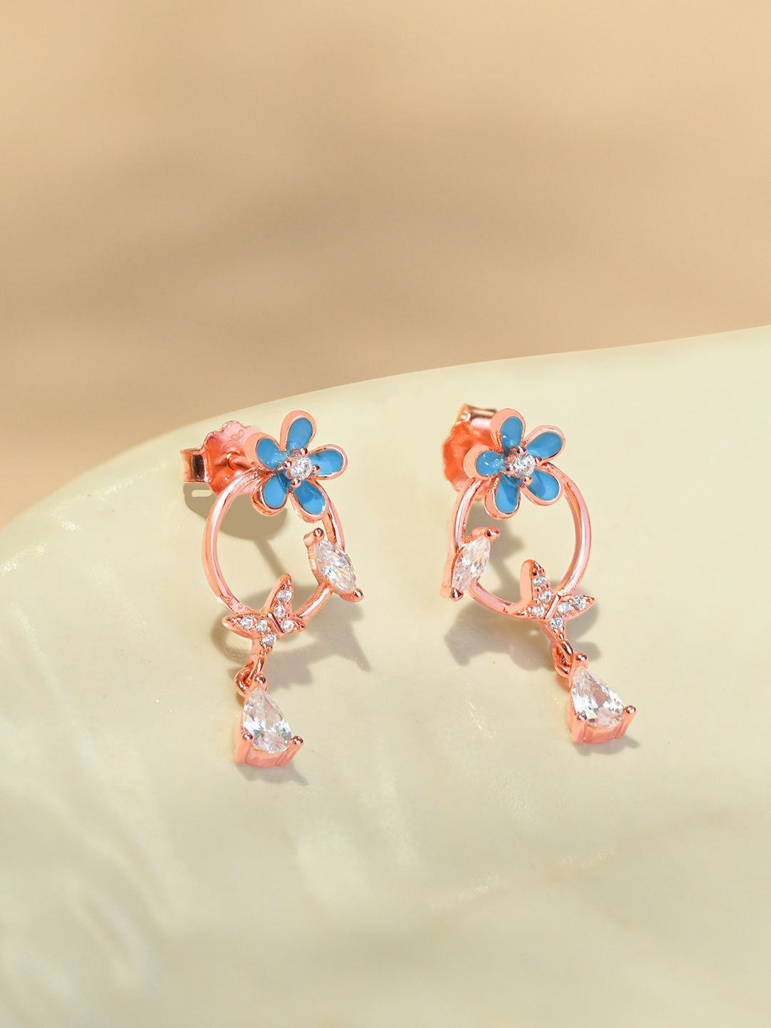 

TOUCH925 925 Silver Rose Gold-Plated CZ Studded Bloom Charm Floral Shaped Drop Earrings