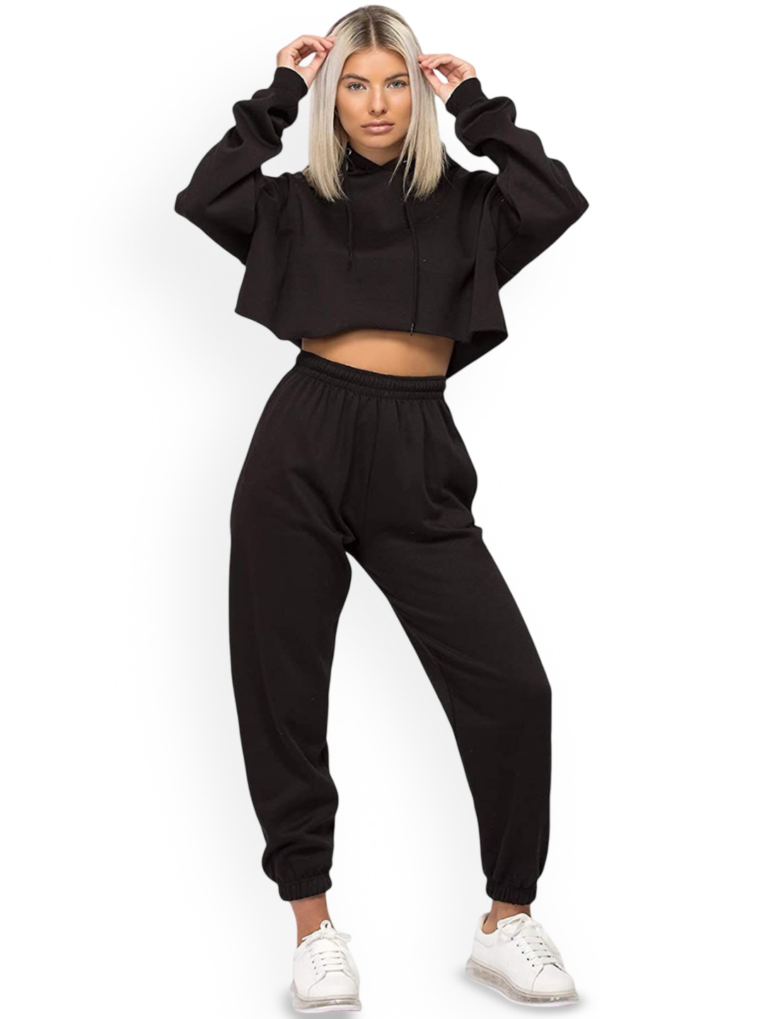 

NOTWILD Women Hooded Mid-Rise Cotton Track Suit, Black