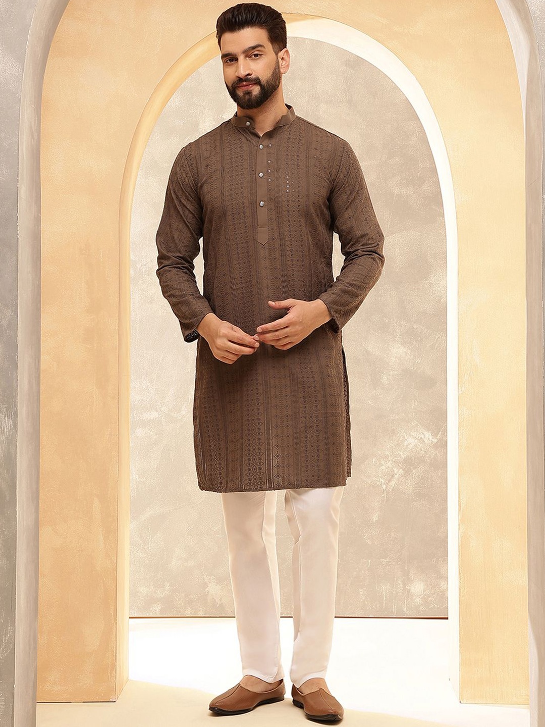 

Anouk Dark Brown Embroidered Sequinned Mandarin Collar Pure Cotton Kurta With Trouser