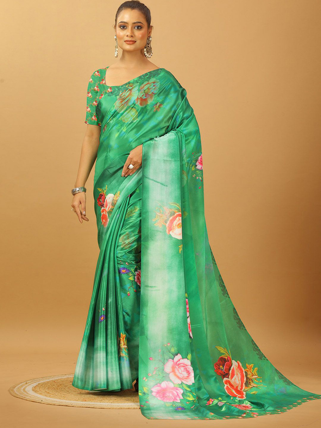 

NIRMAL CREATION Floral Pure Crepe Saree, Green