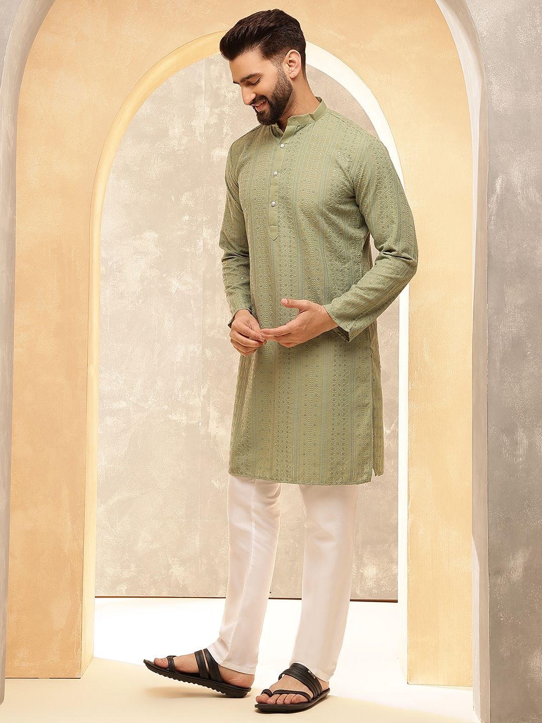 

Anouk Green Ethnic Motifs Embroidered Sequuined Straight Pure Cotton Kurta with Pyjamas