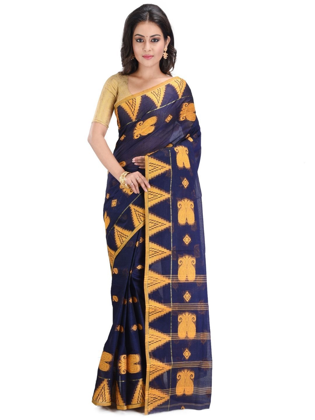 

RAJ SAREE HOUSE Woven Design Pure Cotton Jamdani Saree, Navy blue