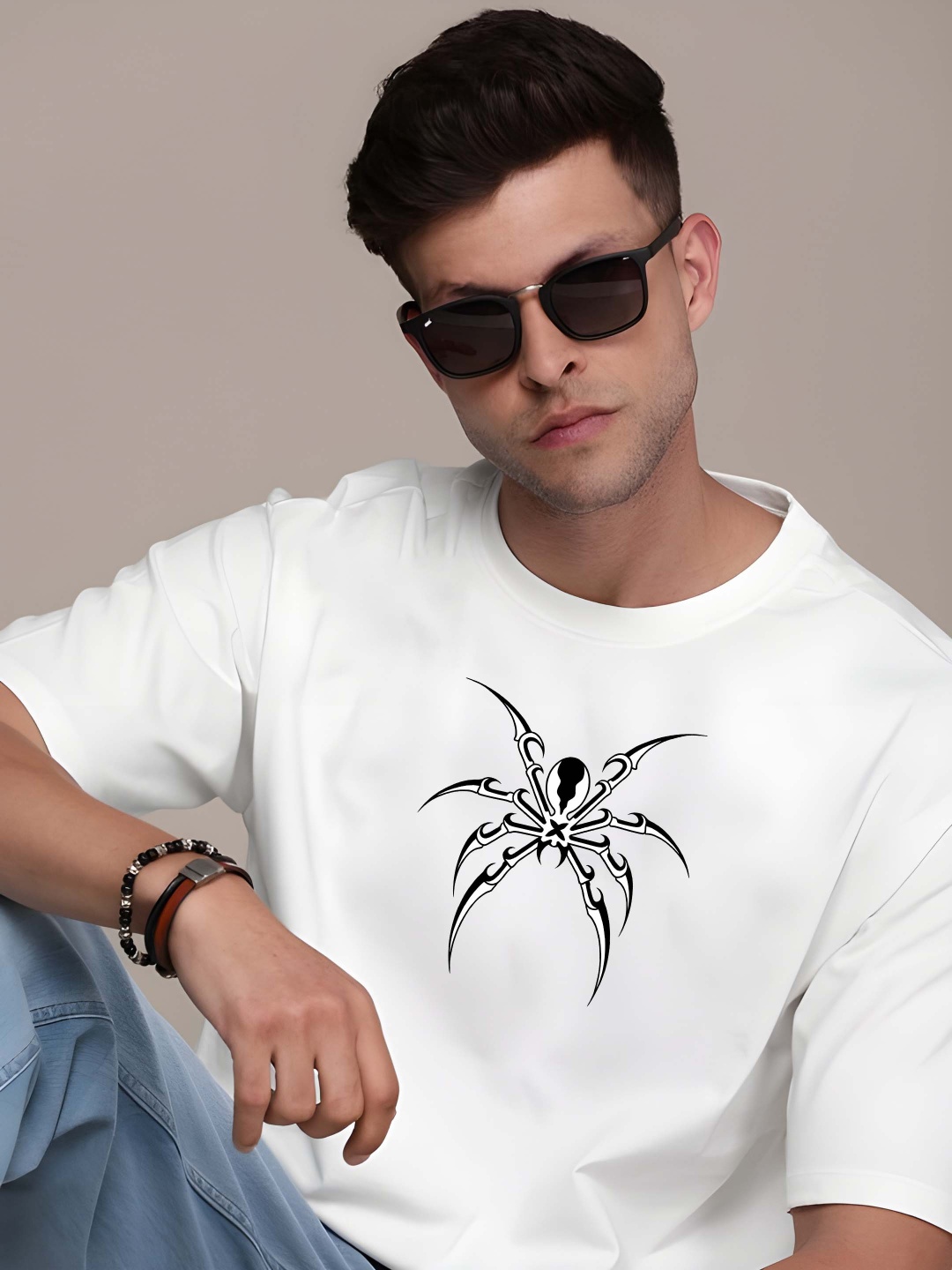 

Krimmple Men Graphic Printed Round Neck Cotton Oversized T-shirt, White