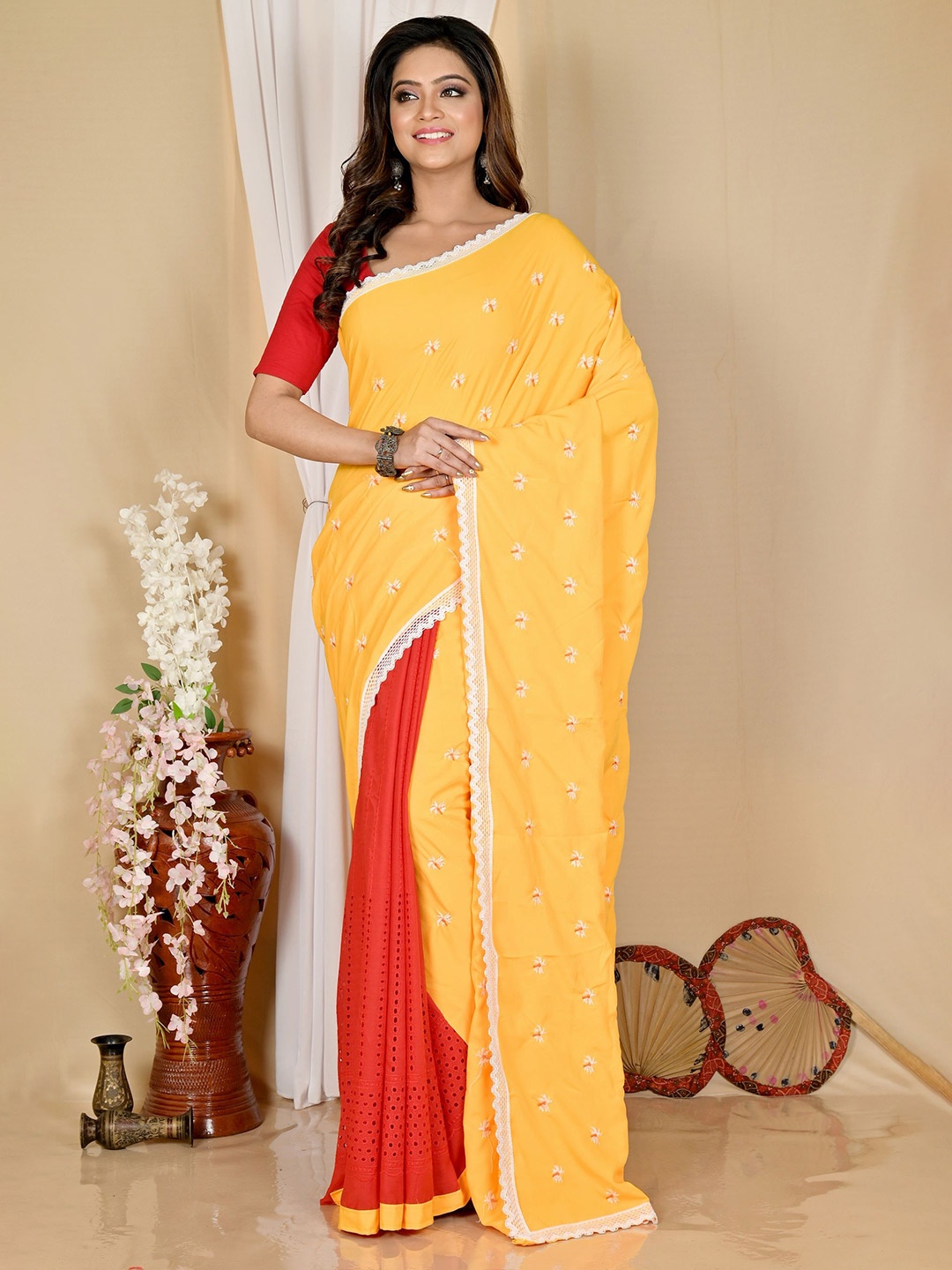 

PuJoy Pure Cotton Handloom Taant Saree, Yellow