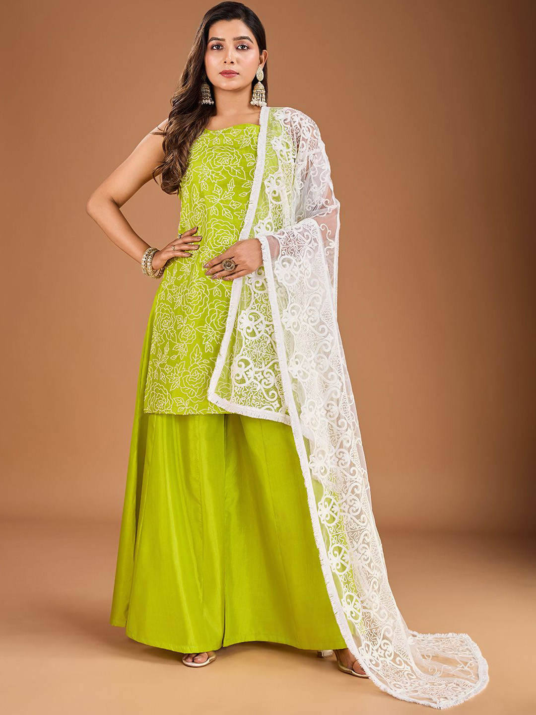 

House of Pataudi Floral Embroidered Sleeveless Straight Kurta With Palazzo & Dupatta, Green