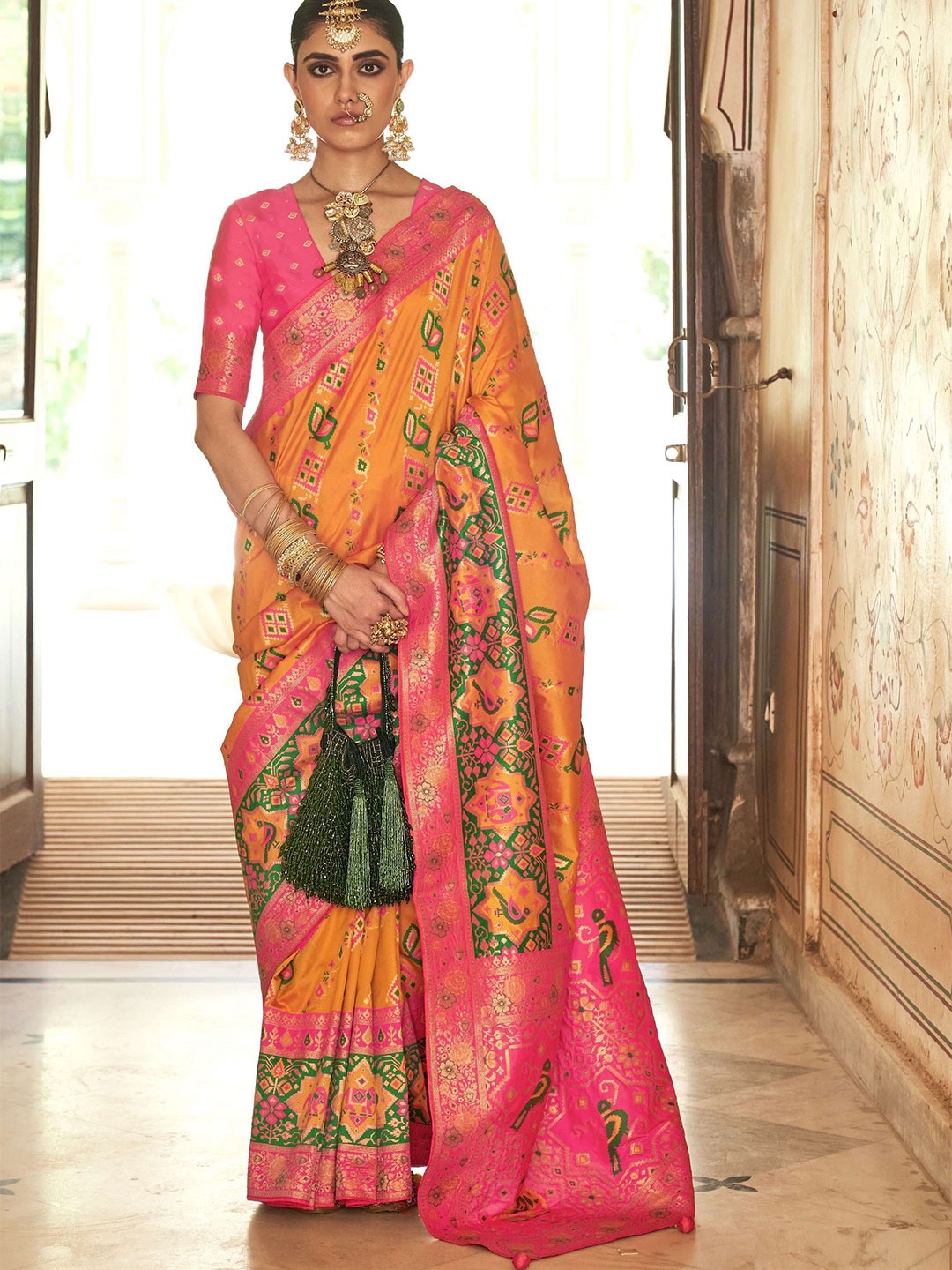 

MAHALASA Woven Design Zari Pure Silk Patola Saree, Mustard