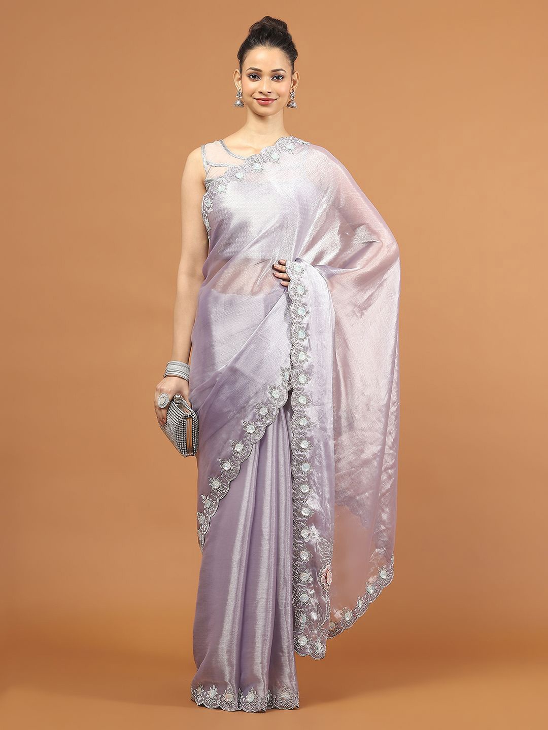 

Meena Bazaar Embellished Poly Chiffon Saree, Purple