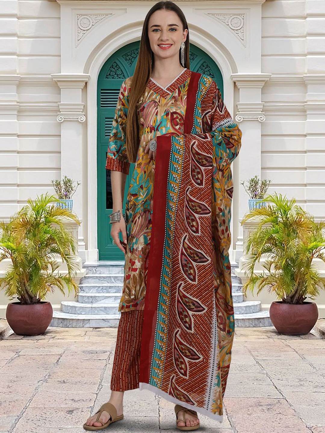 

Moda Rapido Floral Printed V-Neck Straight Kurta With Trouser And Dupatta, Brown