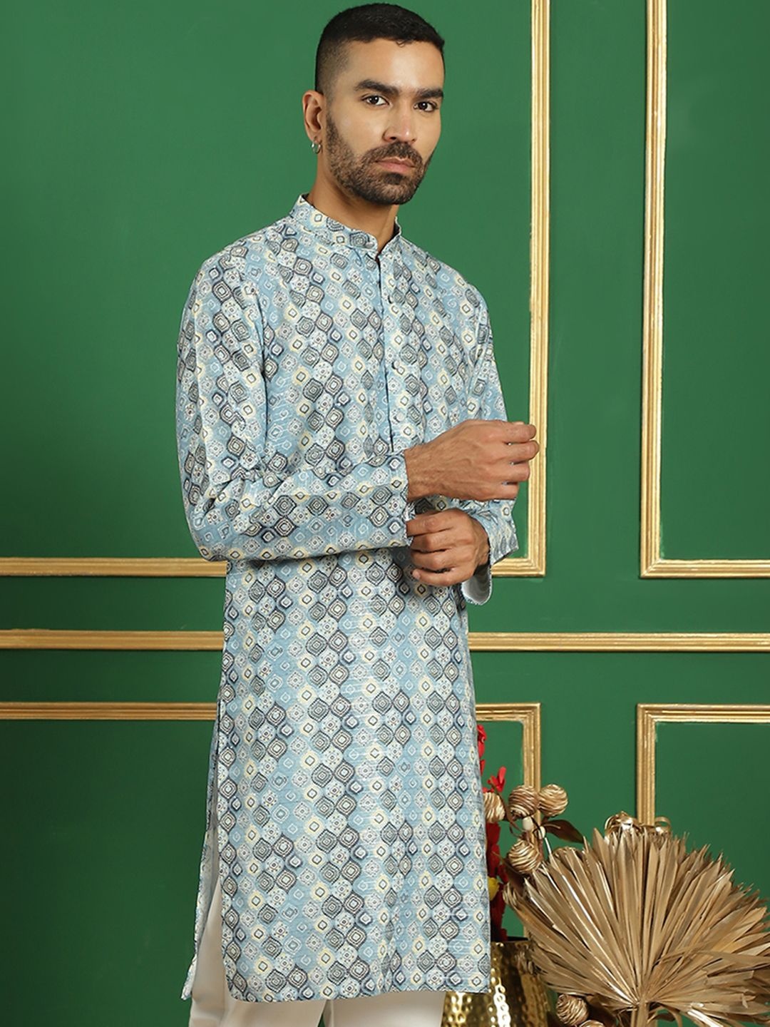 

Anouk Turquoise Blue & Black Ethnic Motifs Printed Band Collar Pure Cotton Straight Kurta