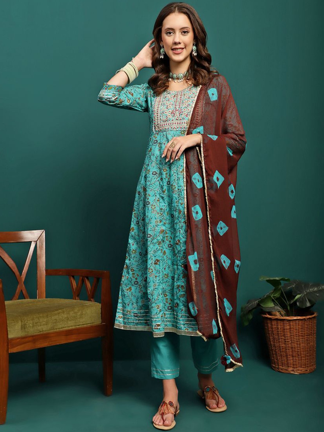 

Sangria Turquoise Blue Floral Printed Pure Cotton Anarkali Kurta With Trouser & Dupatta