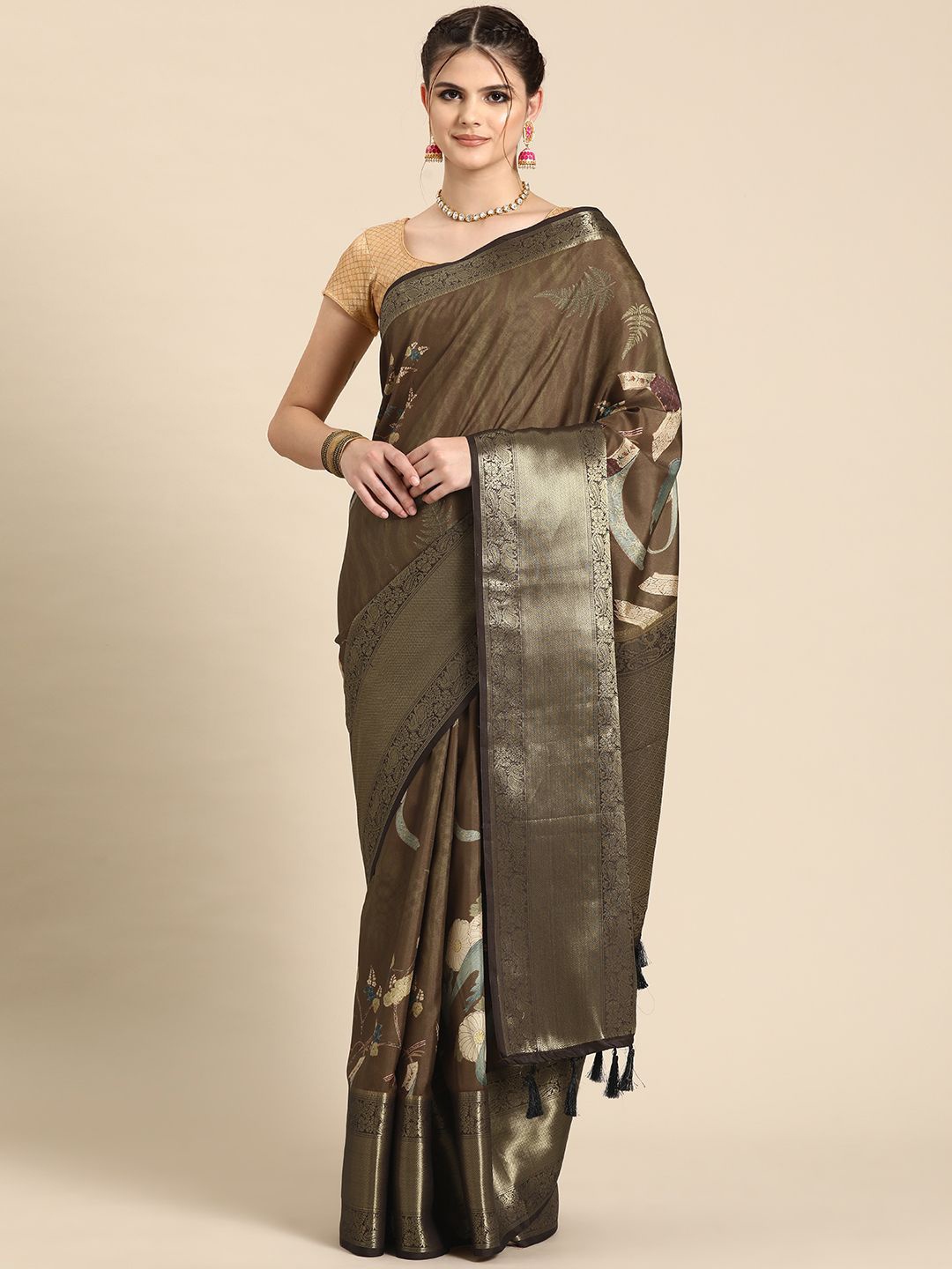 

DIVASTRI Floral Printed Zari Border Kanchipuram Silk Saree, Brown
