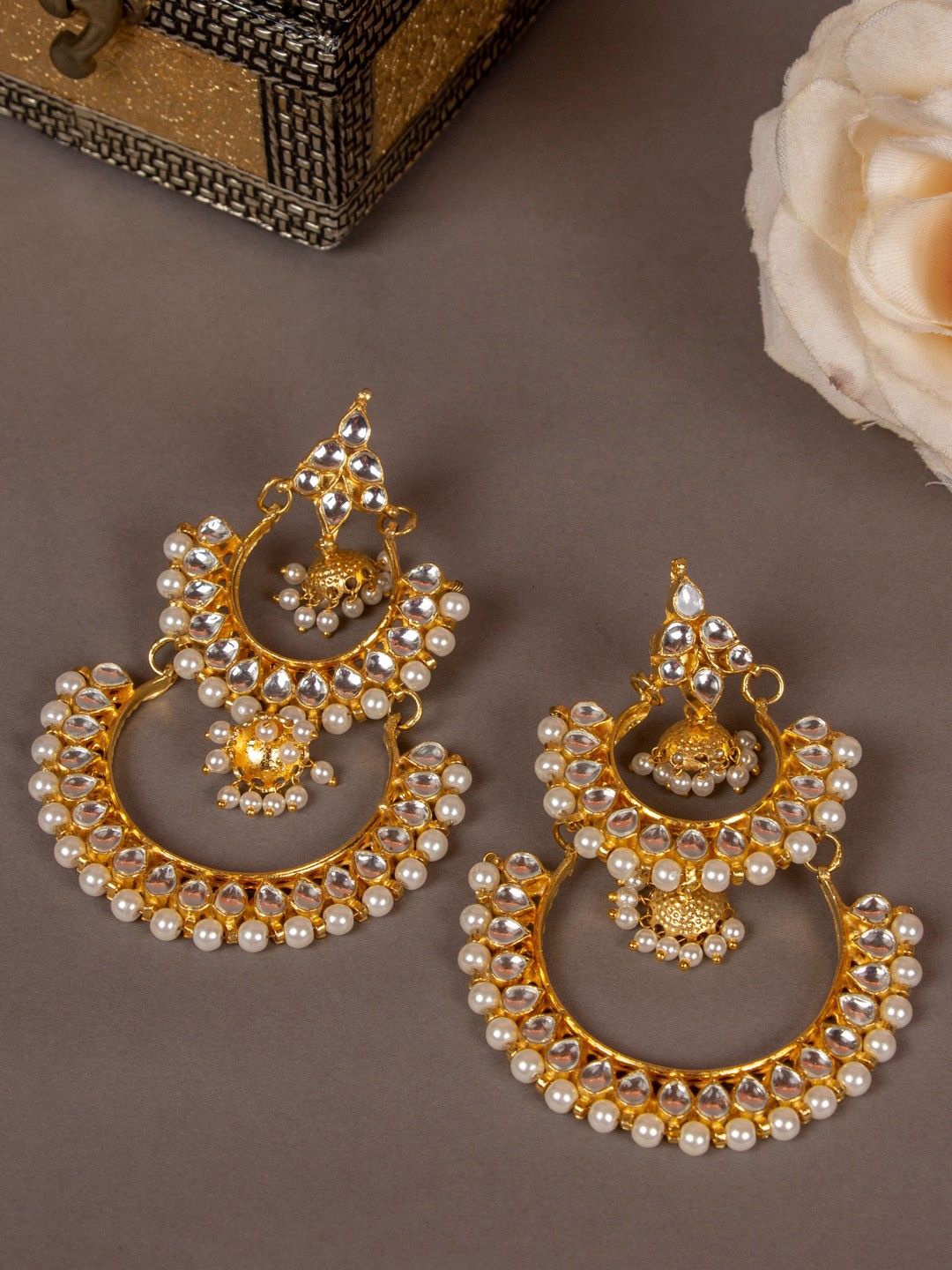 

House of Pataudi Gold-Plated Kundan Studded Dome Shaped Jhumkas