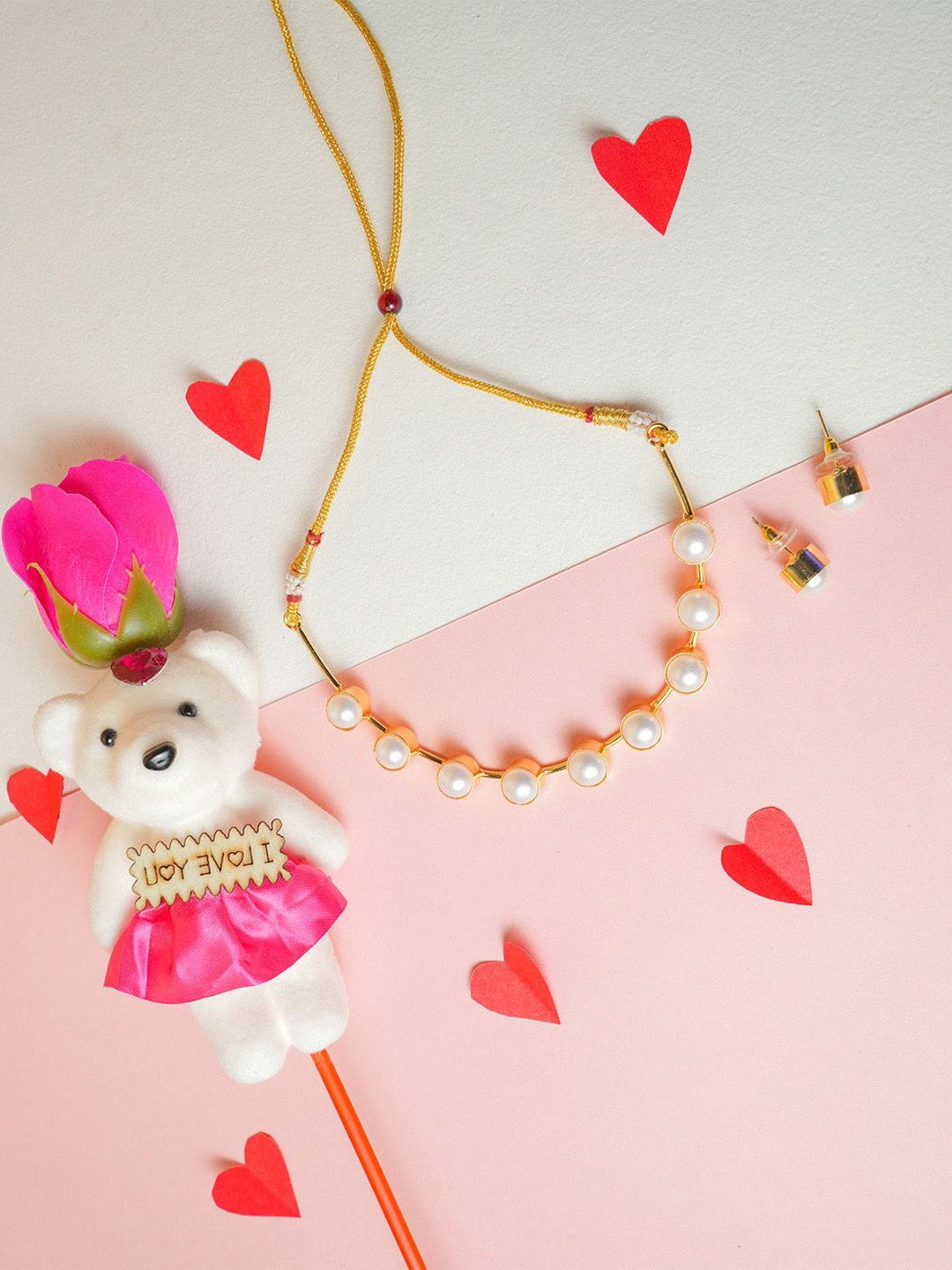 

VIRAASI Set Of 2 Valentine Teddy With Jewellery Gift Set, Gold