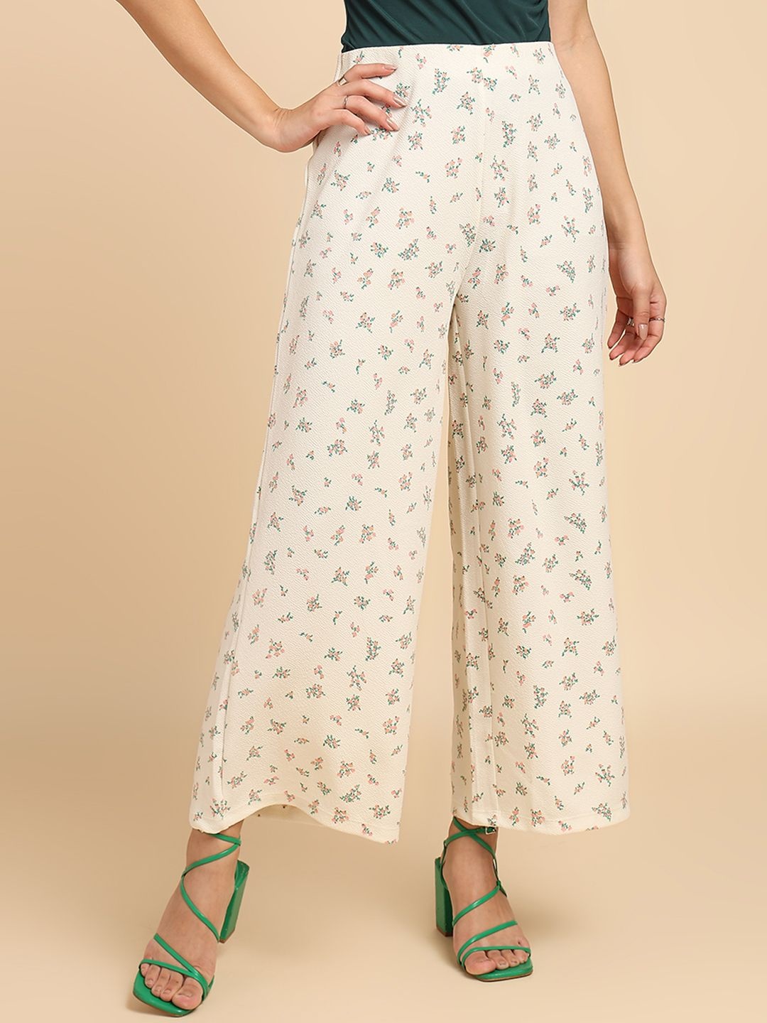 

SAFFE Women Floral Printed Smart Loose Fit High-Rise Trousers, White