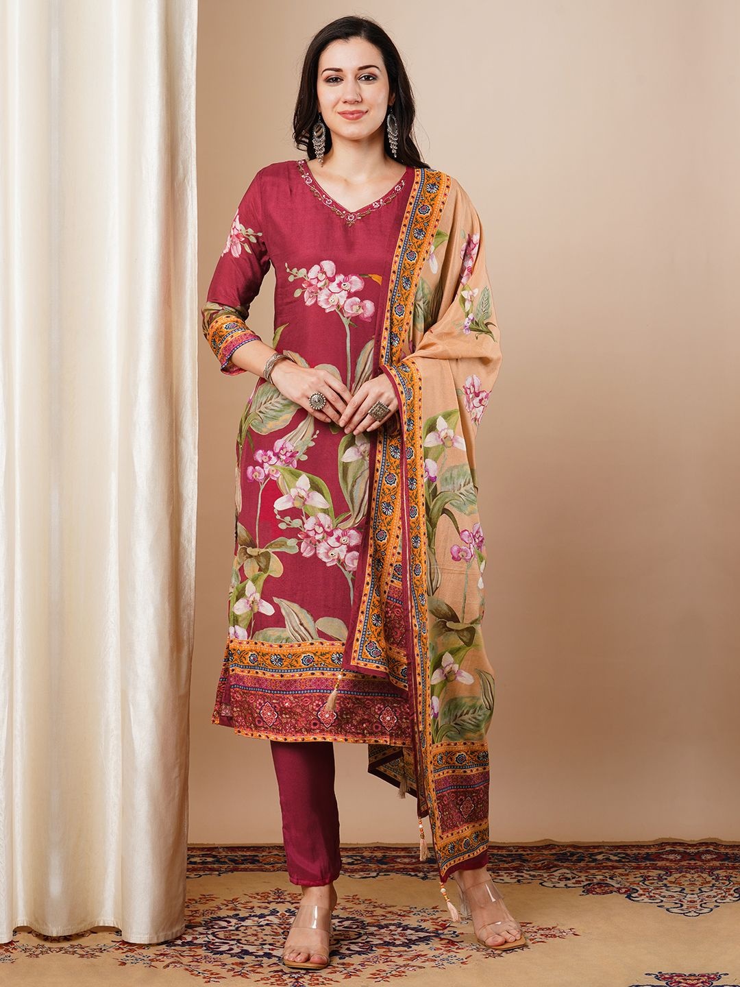 

FASHOR Floral Printed V-Neck Straight Kurta With Trousers & Dupatta, Maroon