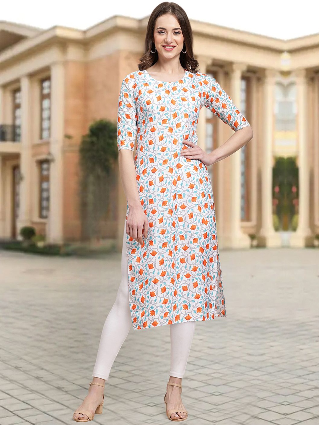 

7Threads Floral Printed Round Neck Straight Kurta, White