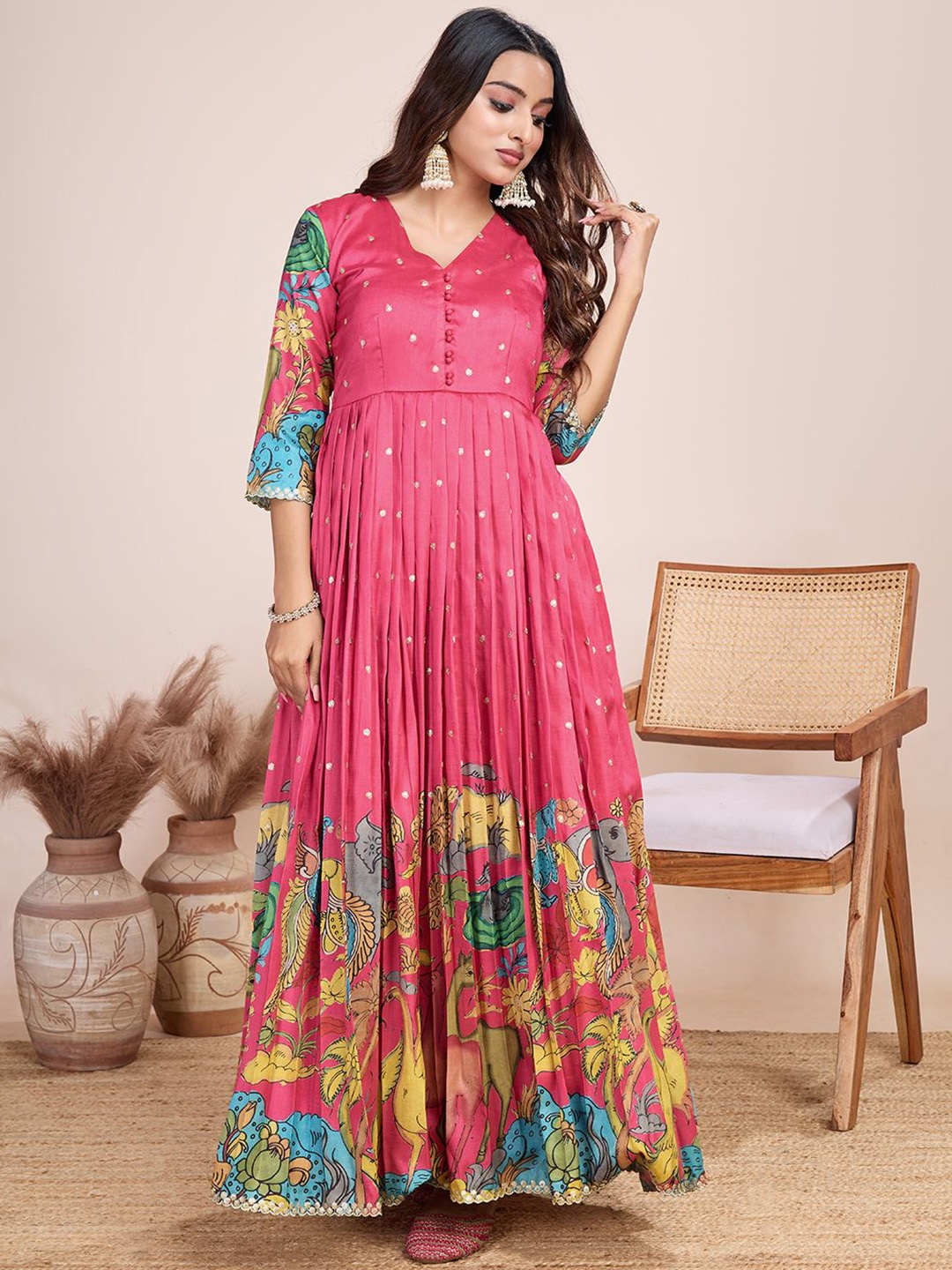 

Tasarika Printed V Neck Maxi Gown Ethnic Dresses, Pink
