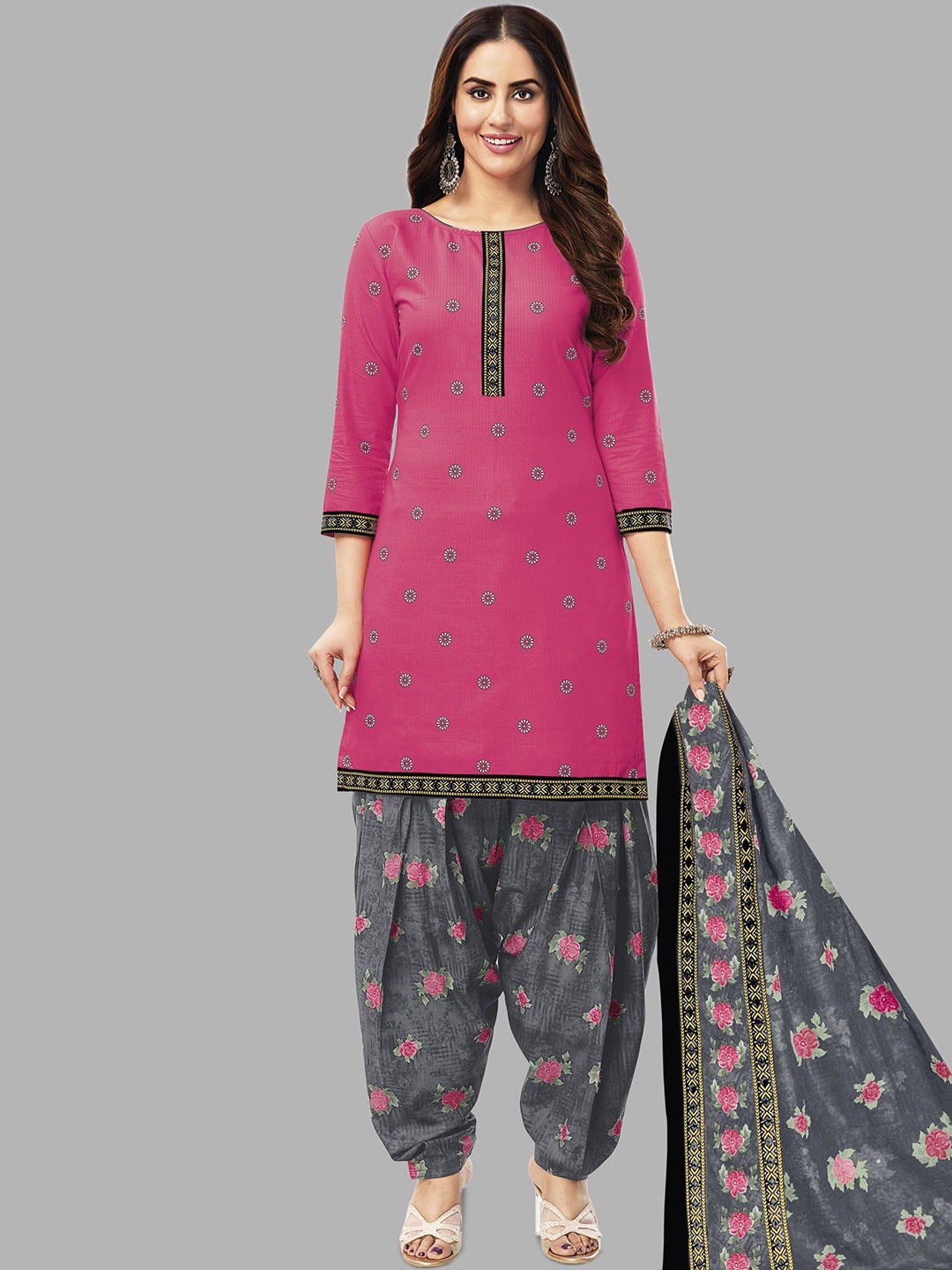 

shree jeenmata collection Printed Pure Cotton Unstitched Dress Material, Pink