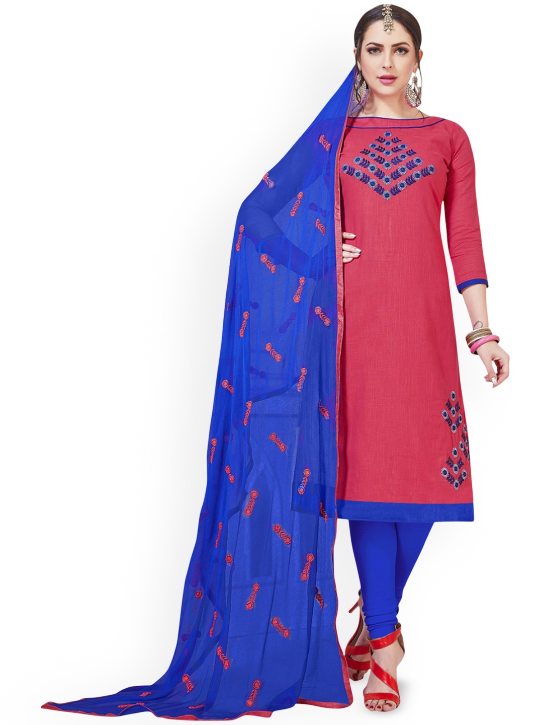 

HERE&NOW Floral Embroidered Cotton Unstitched Dress Material, Pink