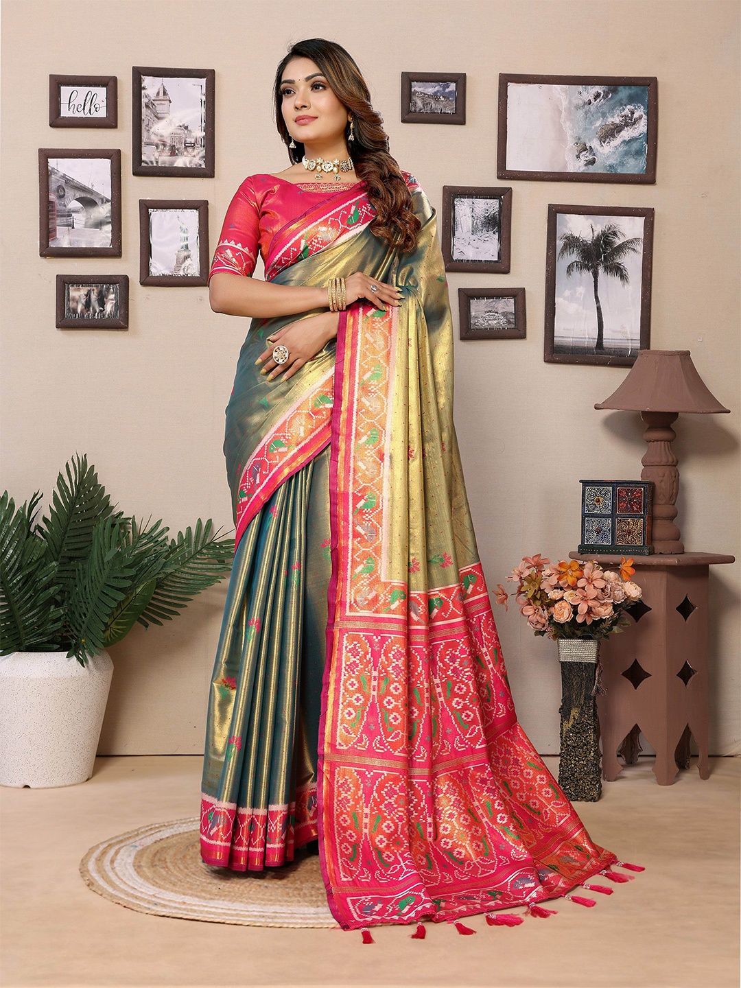 

Vintro Woven Design Zari Tissue Patola Saree, Green