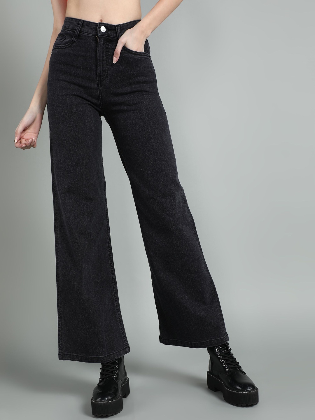 

Mast & Harbour Women Wide Leg High-Rise Stretchable Jeans, Black