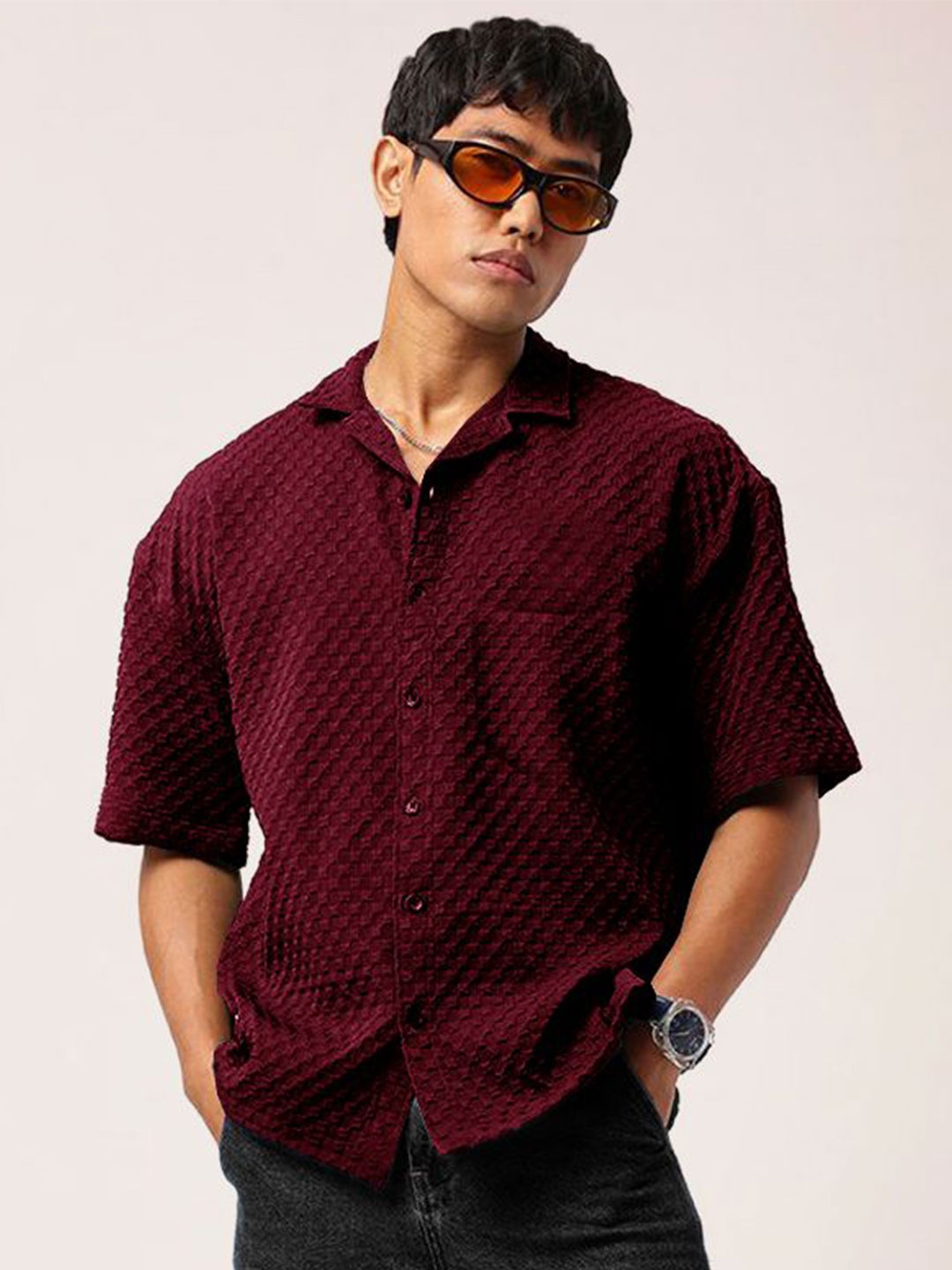 

SZN Men Standard Fit Cuban Collar Textured Casual Shirt, Maroon