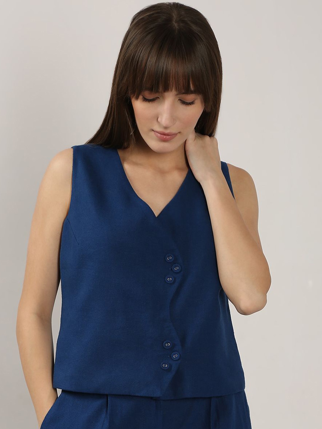 

Vero Moda V-Neck Sleeveless Cotton Linen Waistcoat, Blue