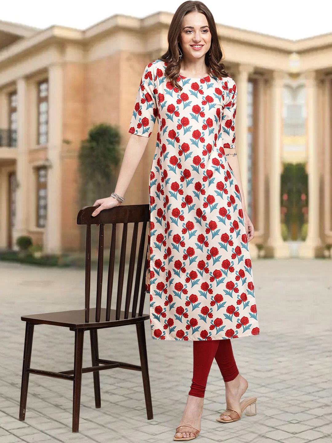 

7Threads Floral Printed Round Neck Straight Kurta, Red