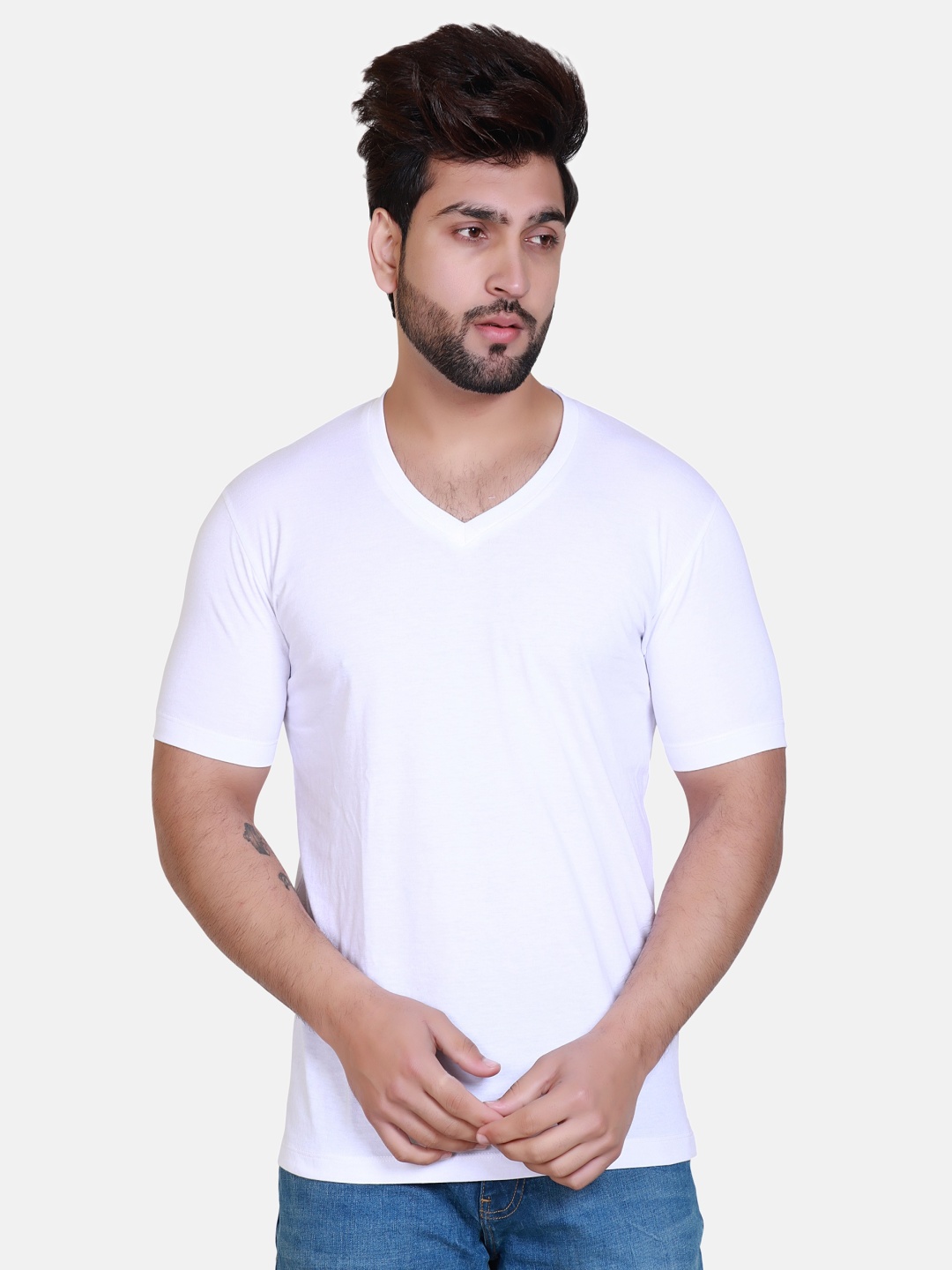 

WILD WEST Men V-Neck Pockets T-shirt, White