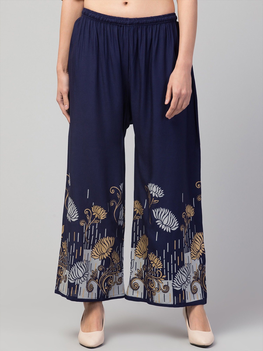 

FAMBEE Women Floral Flared Knitted Palazzos, Blue
