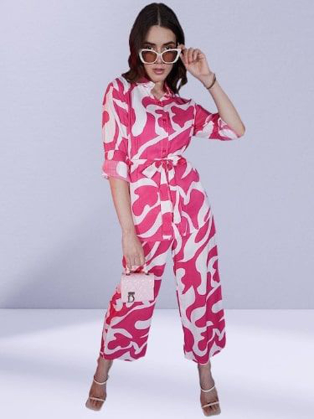 

NEYSA Abstract Printed Shirt Collar Tunic And Palazzos, Pink