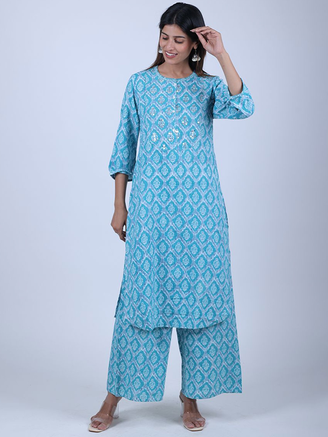

HOUSE OF PARAL Floral Printed Pure Cotton Kurta with Palazzo, Blue