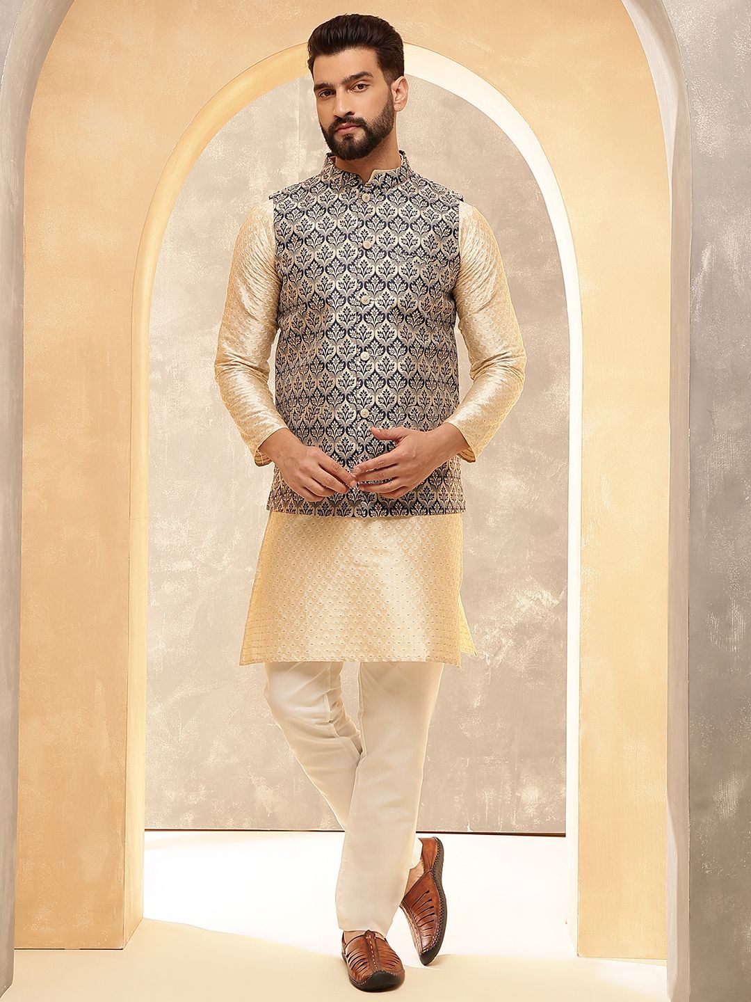 

Anouk Beige Woven Design Jacquard Silk Straight Kurta With Pyjamas And Nehru Jacket