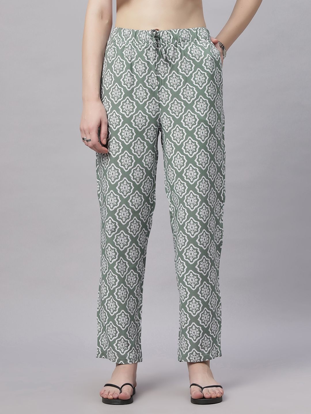 

Soie Women Supersoft Rayon Printed Pyjamas with Pockets, Olive