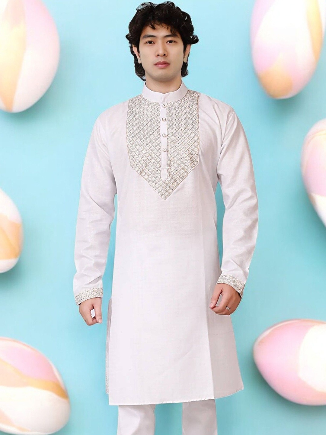 

Atly Geometric Woven Design Mandarin Collar Sequinned Straight Kurta, White