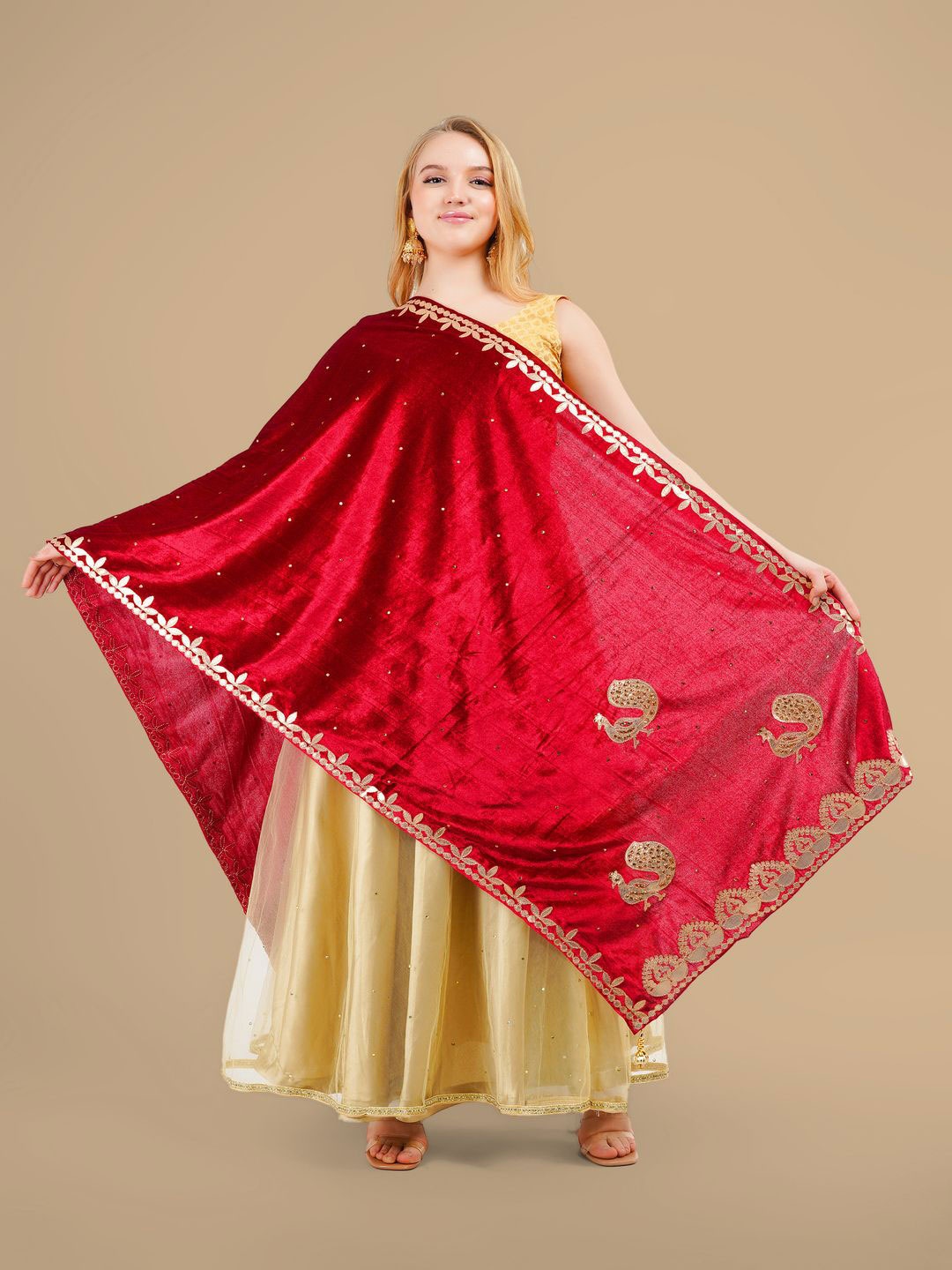 

Karthav Fashion Ethnic Motifs Embroidered Velvet Dupatta With Gotta Patti, Maroon