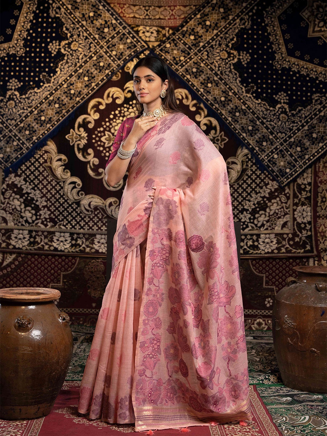 

HEER FASHION Woven Design Pure Cotton Jamdani Saree, Pink