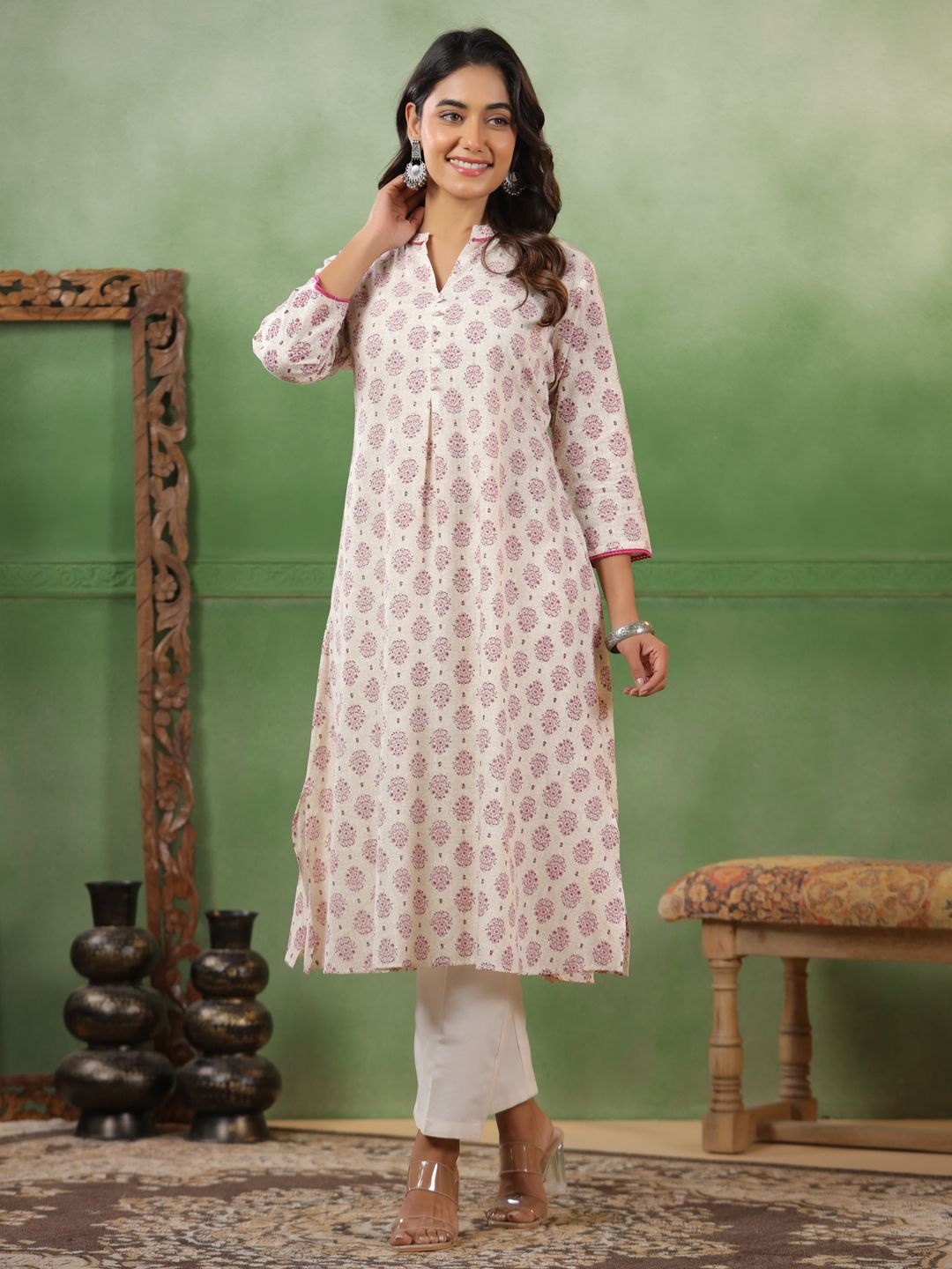 

Span Floral Printed Mandarin Collar Pure Cotton A-line Kurta With Trouser, White