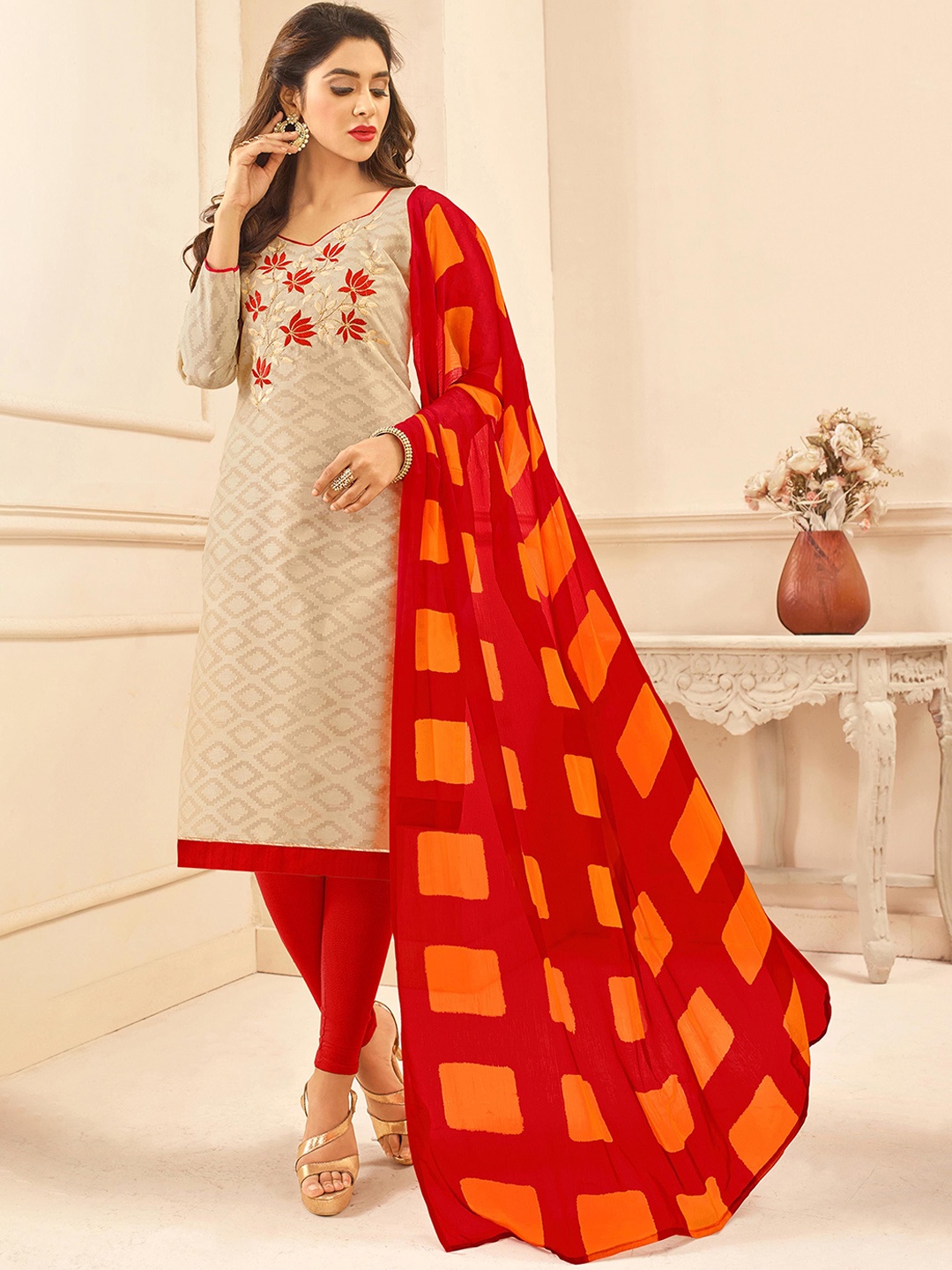 

HERE&NOW Geometric Jacquard Woven Design Thread Work Cotton Unstitched Dress Material, Beige