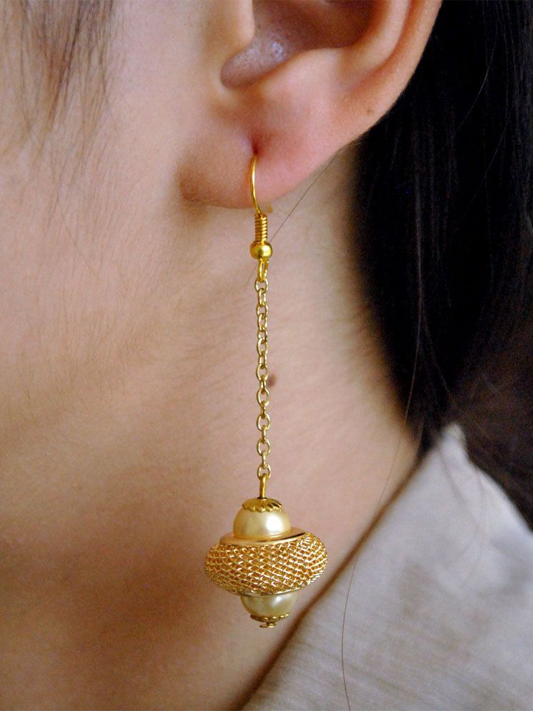 

BeAbhika Gold-Plated Pearls Contemporary Dangling UFO Drop Earrings
