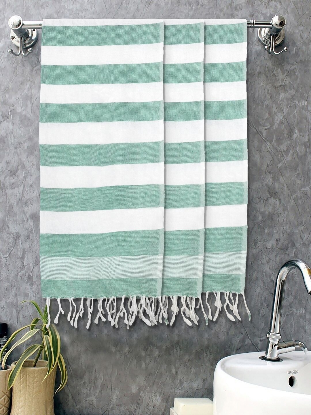 

FABINALIV Green & White 3 Striped Cotton 225 GSM Bath Towel