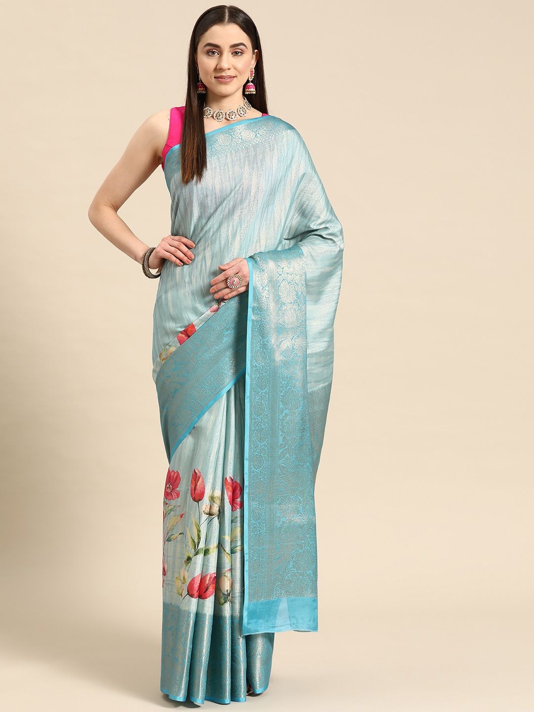 

DIVASTRI Floral Zari Tissue Tussar Saree, Blue