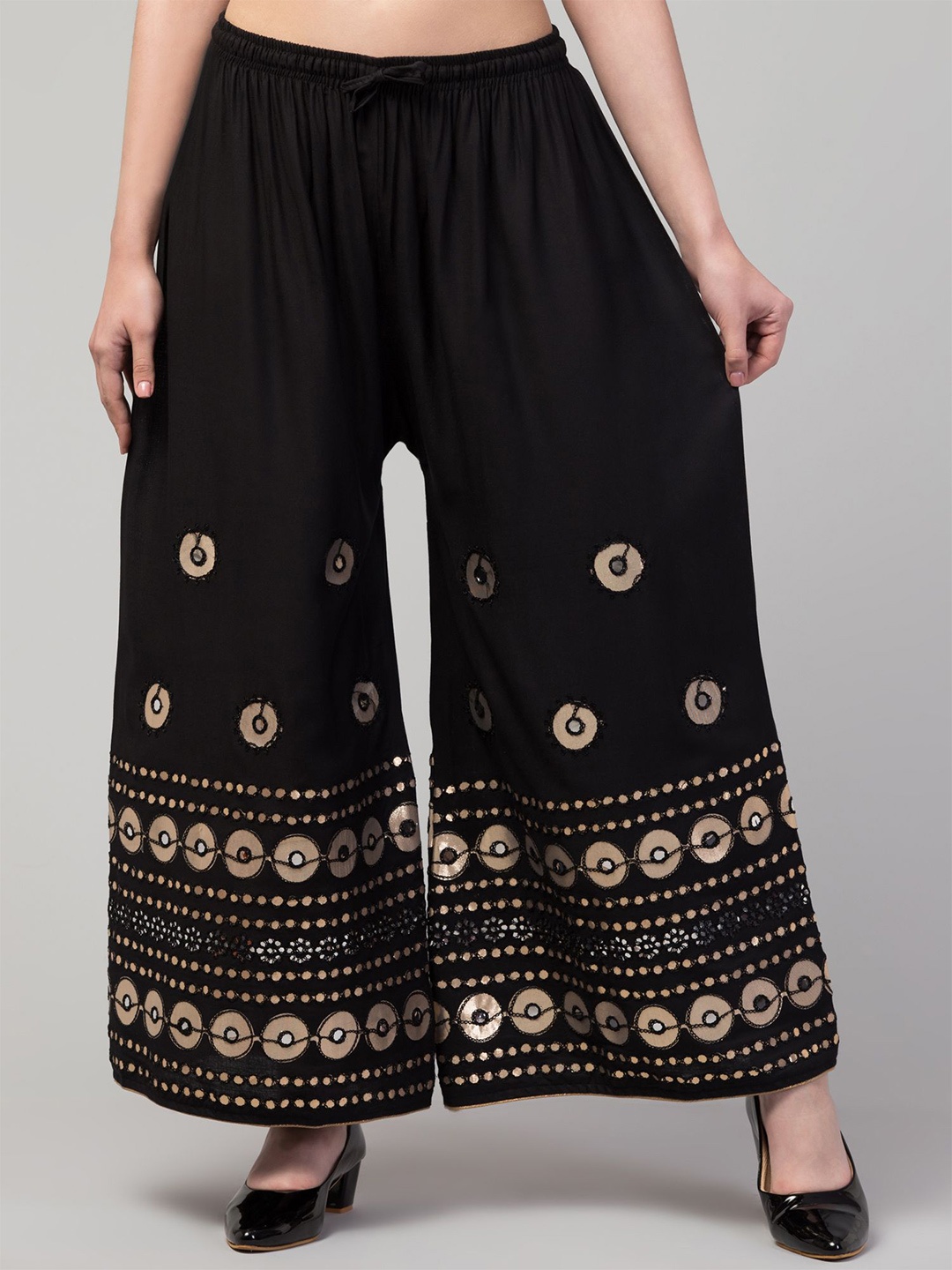 

FAMBEE Women Ethnic Motifs Printed Flared Knitted Palazzos, Black