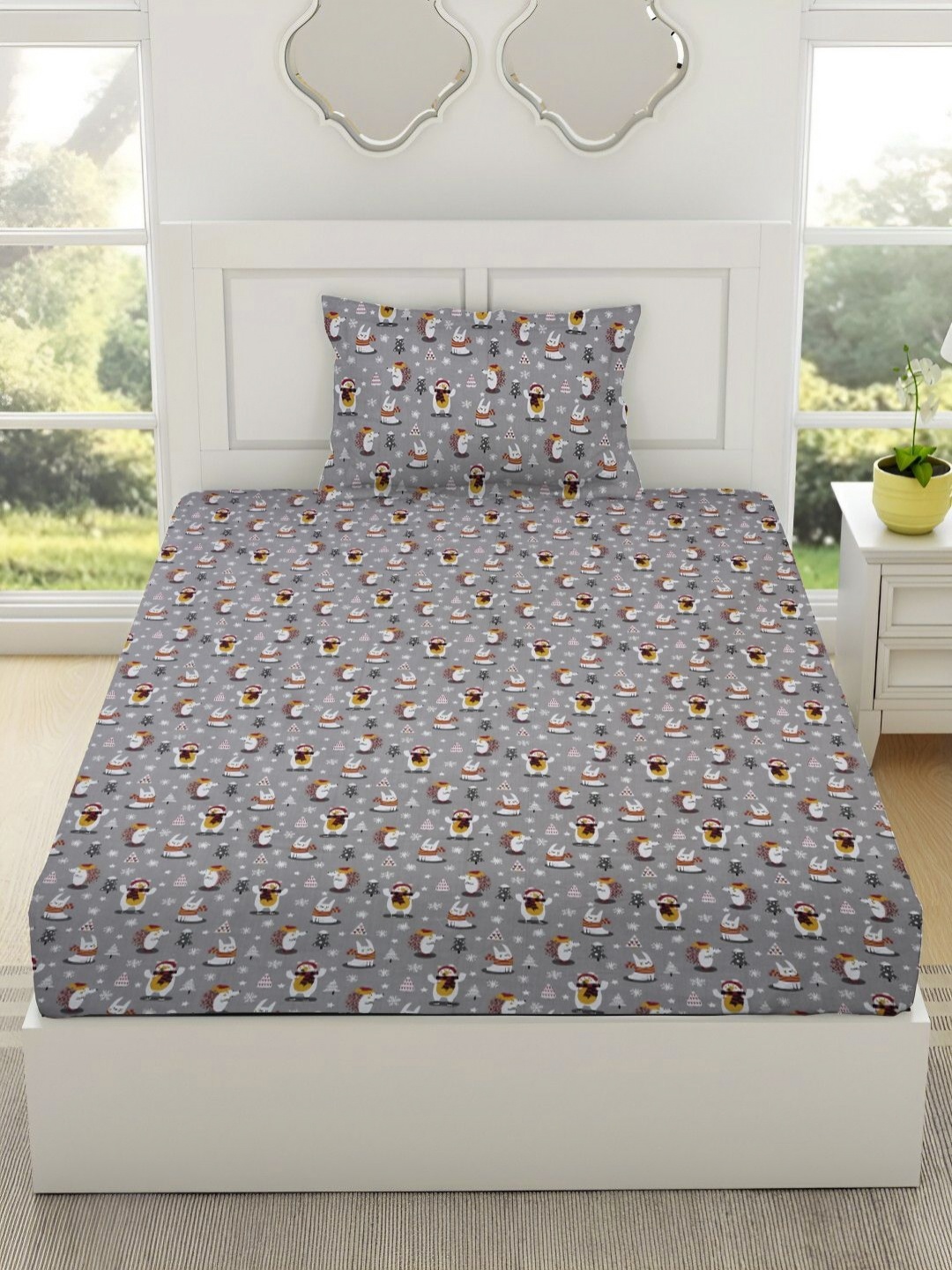 

Myntra Elegant Homes Grey Cartoon Characters 144 TC Single Bedsheet Set 1.52 m x 2.28 m