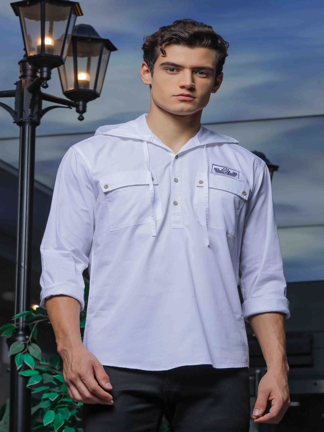 

HAMPTONS Pure Cotton Hooded Casual Shirt, White