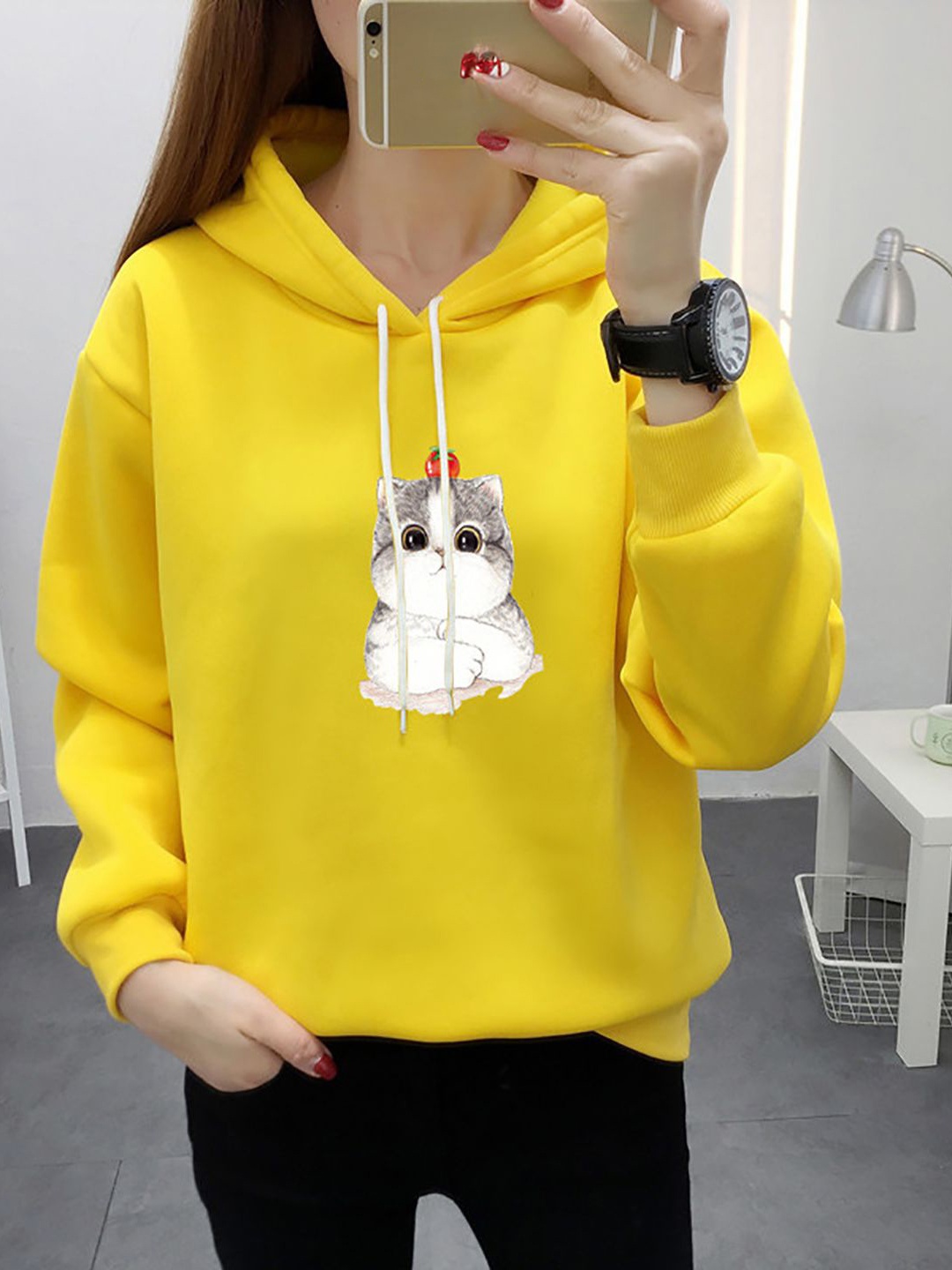 

StyleCast x Revolte Women Printed Hooded Pullover Cotton Sweatshirt, Yellow