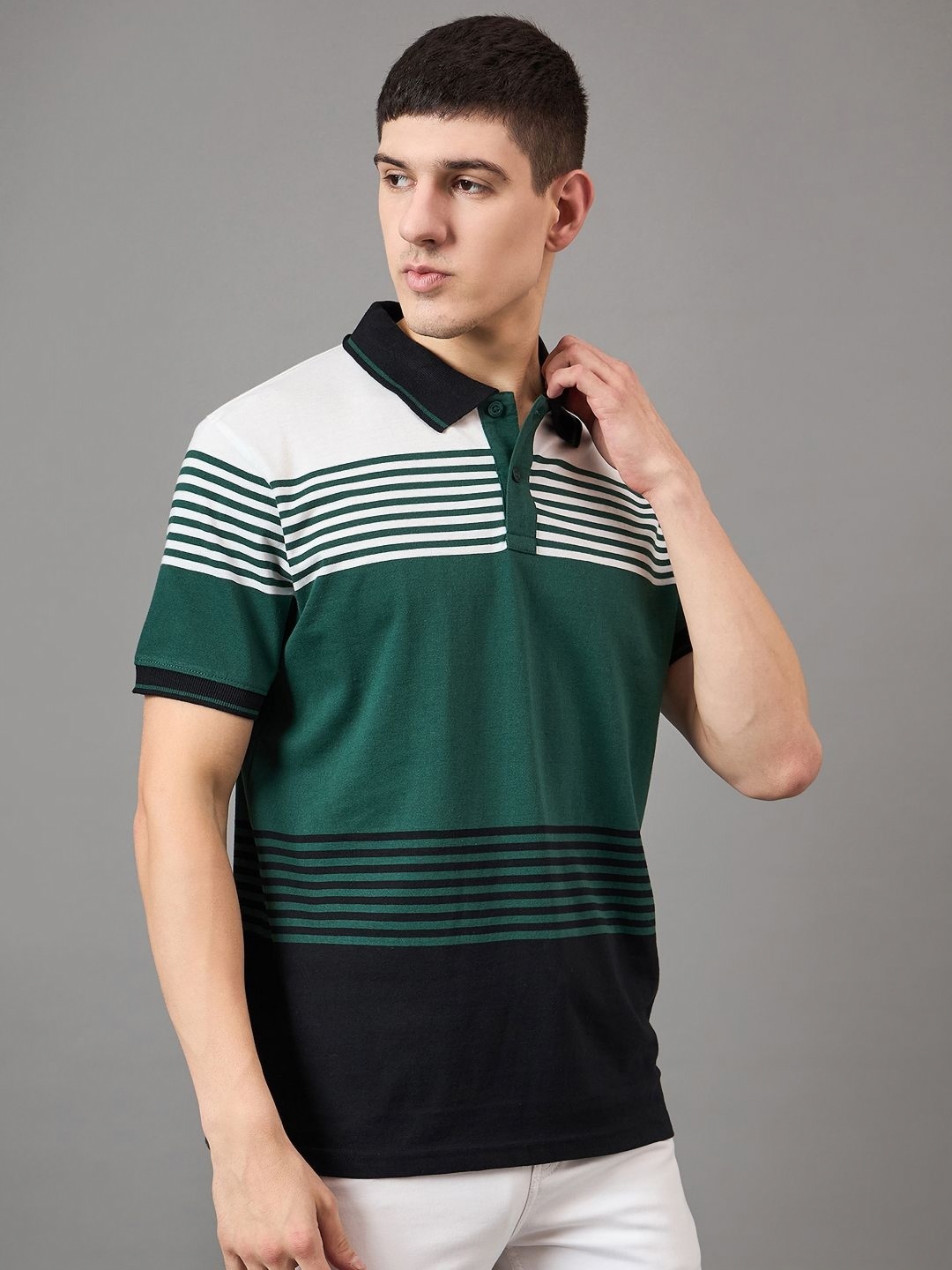 

BRONATION Men Striped Polo Collar Cotton T-shirt, Green