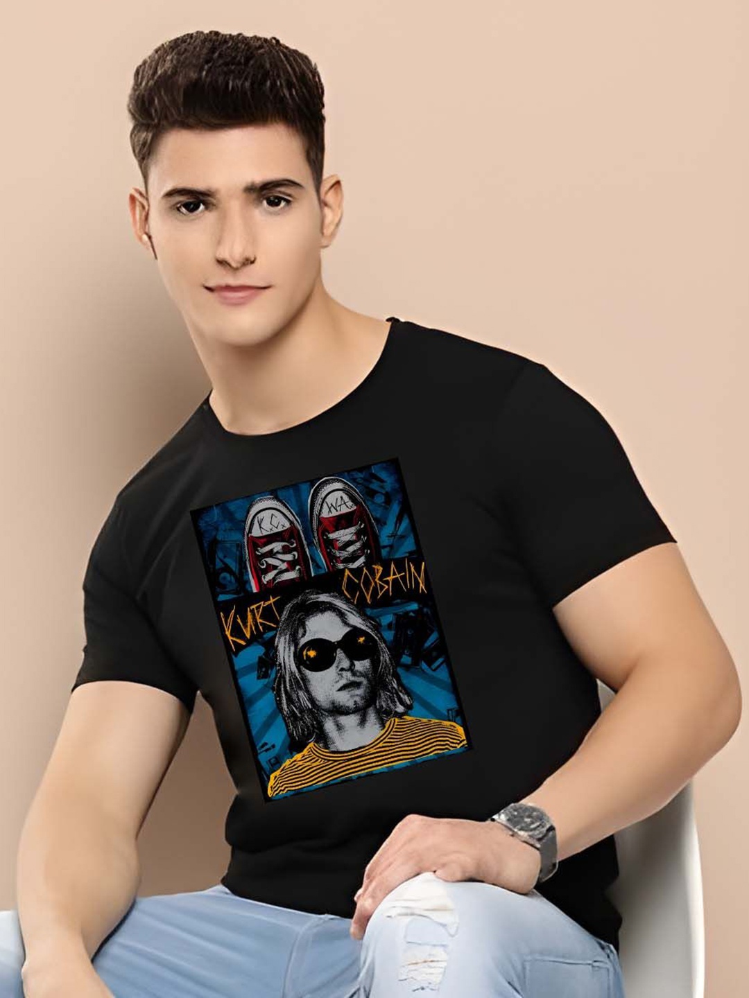 

Krimmple Men Graphic Printed Round Neck Cotton T-shirt, Black