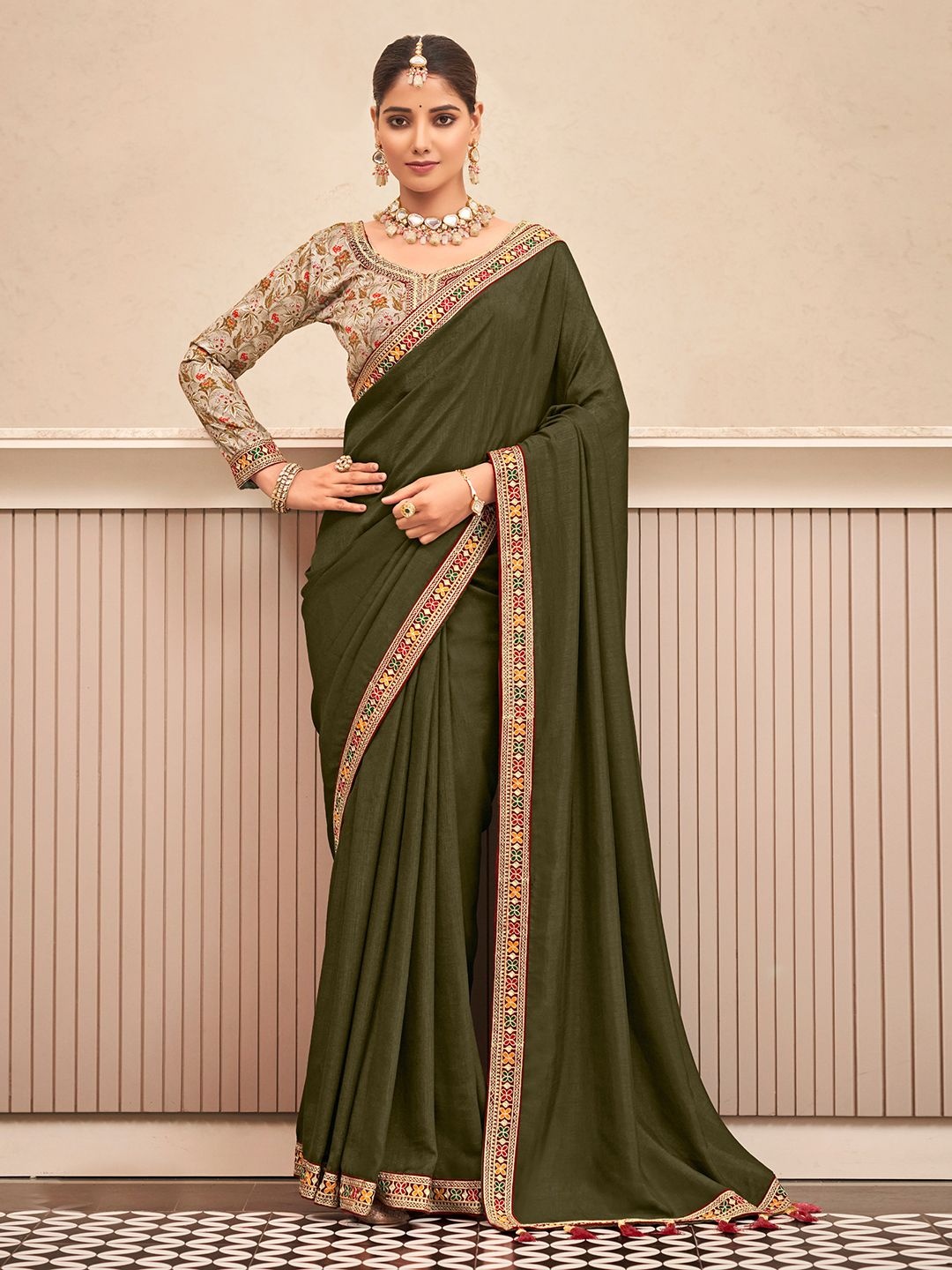 

Mitera Embroidered Vichitra Silk Saree, Green